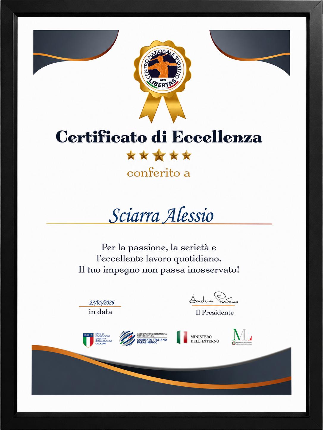 Certificato eccellenza alessio libertas